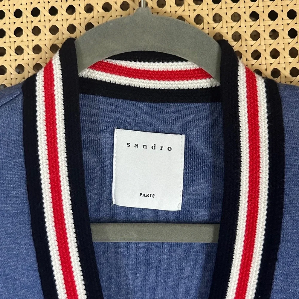 Sandro Blue Varsity Striped Oversized Knit Cardigan Sweater Sz S Preppy Academia - Picture 5 of 6